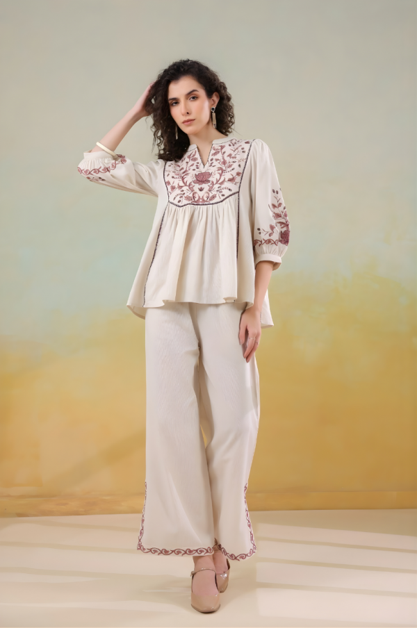 Women’s Cotton Blend Embroidered Top with Palazzo Pants Set