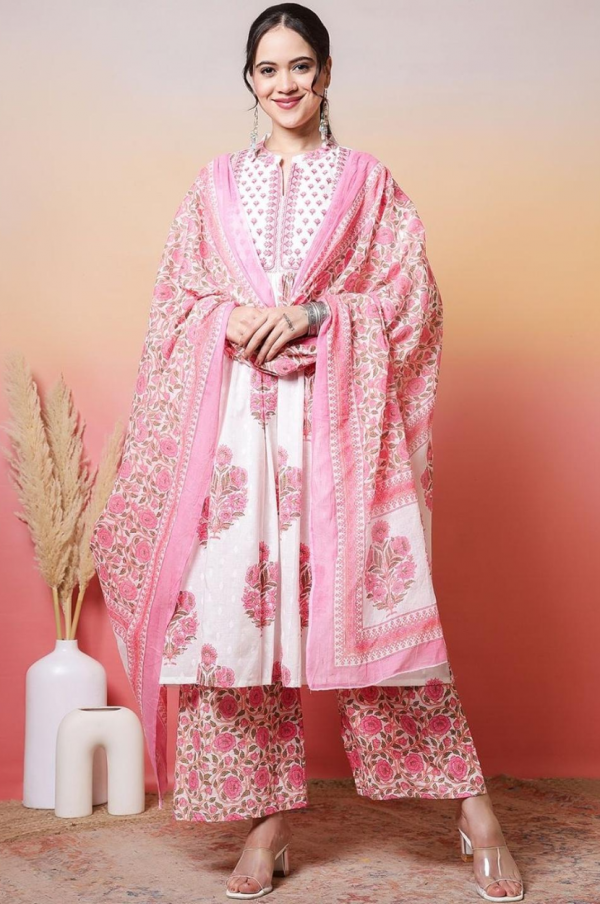 Embroidered Pure Cotton A-Line Kurta & Palazzos With Dupatta