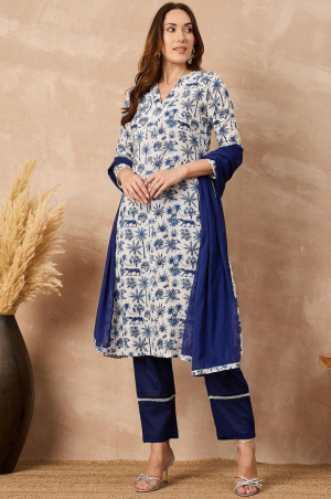 Women Floral Printed V-Neck A-Line Kurta with Trousers & With Dupatta
