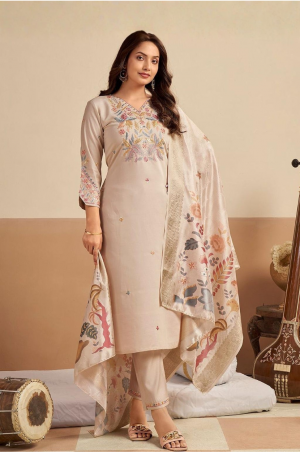 14 Women Cream Embroidered Straight Kurta with Trousers & Printed Dupatta