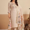 Women Cream Embroidered Straight Kurta with Trousers & Printed Dupatta