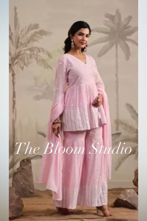 Pink Mulmul Mirror Embroidered Peplum Kurta With Sharara And Dupatta