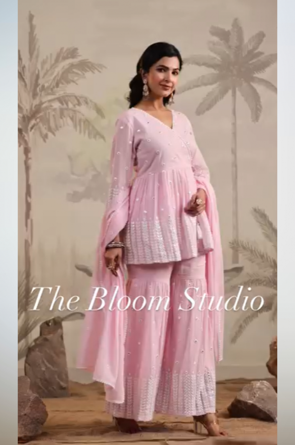 Pink Mulmul Mirror Embroidered Peplum Kurta With Sharara And Dupatta