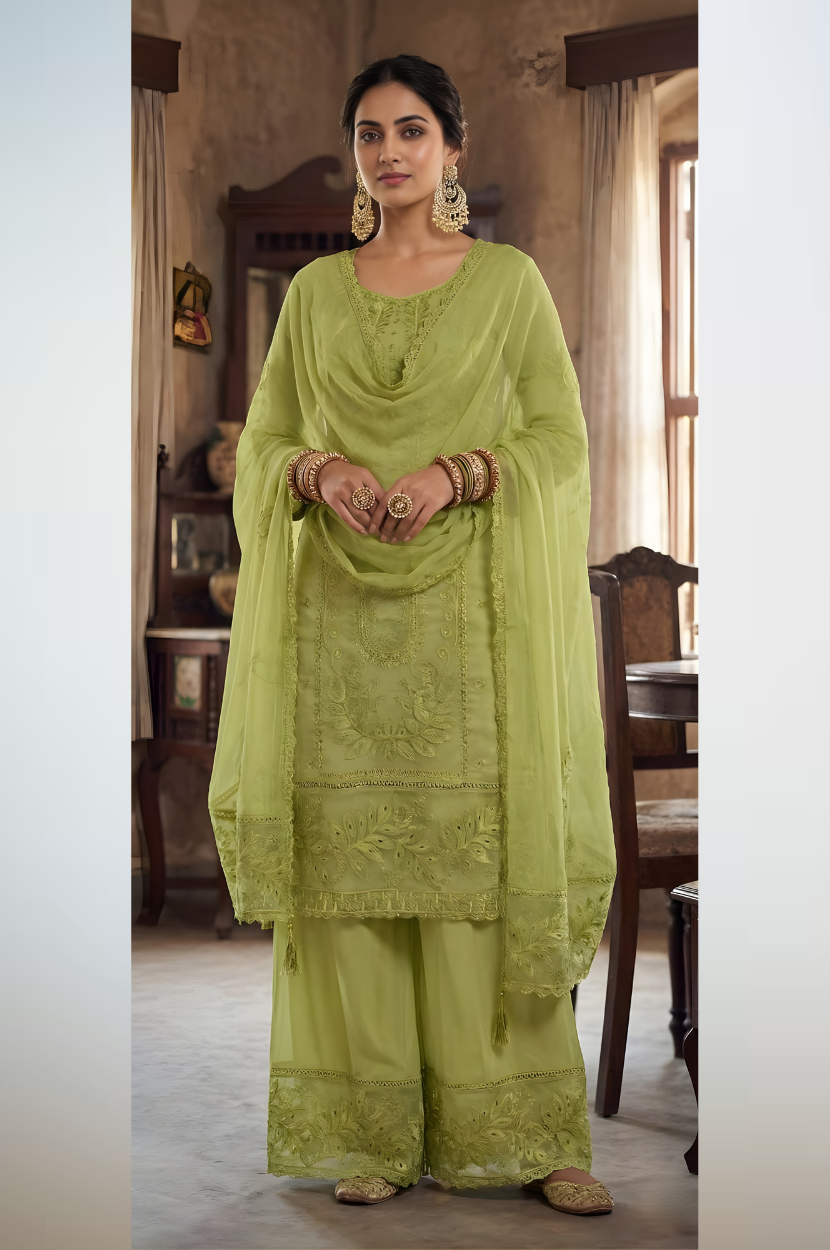 Embroidered Organza Suit in Light Green