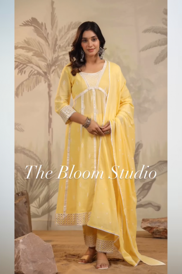 Yellow Mulmul Embroidered Anarkali Kurta And Pant With Dupatta