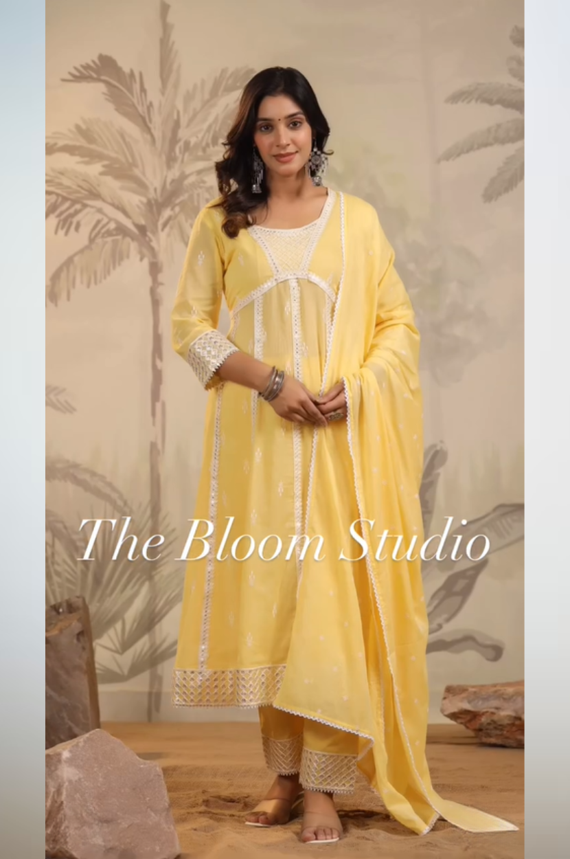 Yellow Mulmul Embroidered Anarkali Kurta And Pant With Dupatta