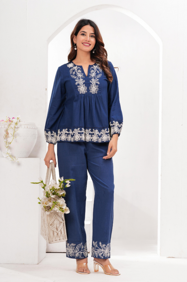Navy Blue Coord Set with Intricate White Thread Embroidery