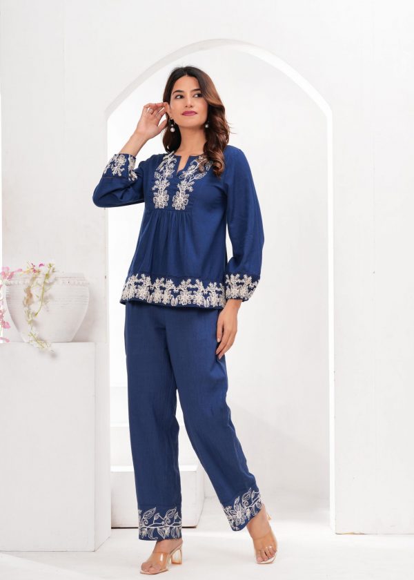 Navy Blue Coord Set with Intricate White Thread Embroidery