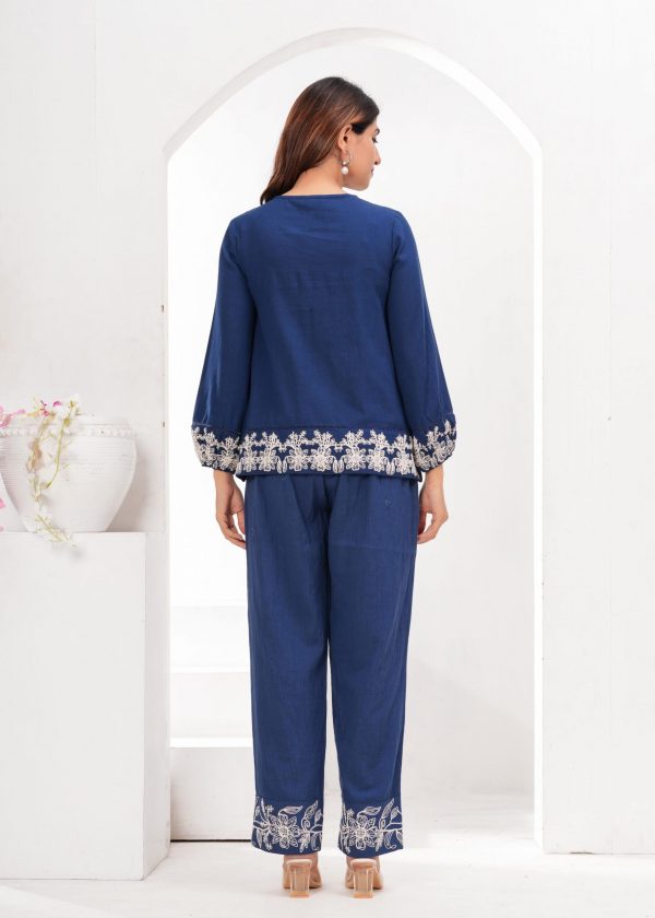 Navy Blue Coord Set with Intricate White Thread Embroidery