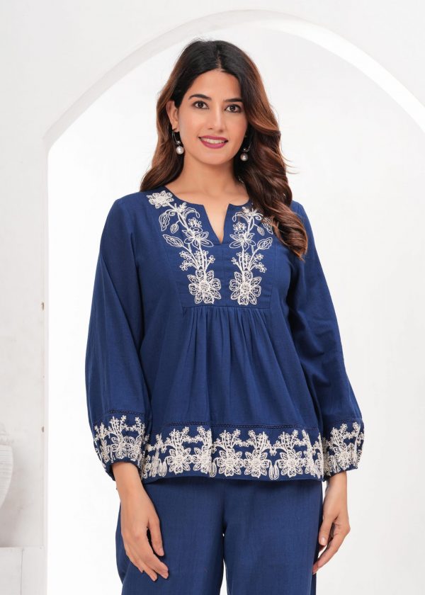 Navy Blue Coord Set with Intricate White Thread Embroidery